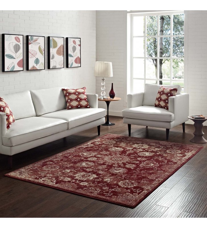 Cynara Distressed Floral PersianMedallion 8x10 Area Rug in Burgundy and Beige - Lexmod