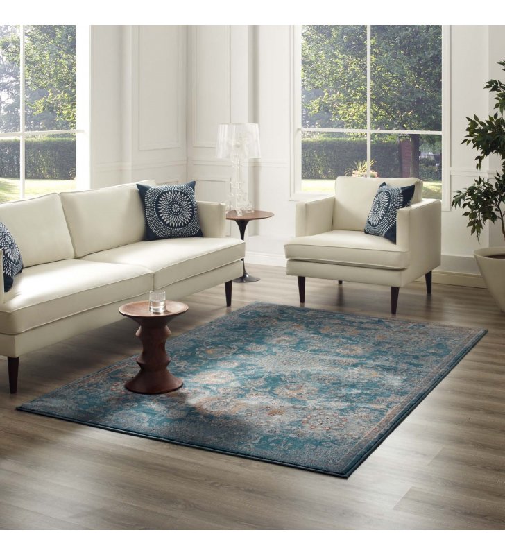 Cynara Distressed Floral PersianMedallion 5x8 Area Rug in Silver Blue, Teal and Beige - Lexmod