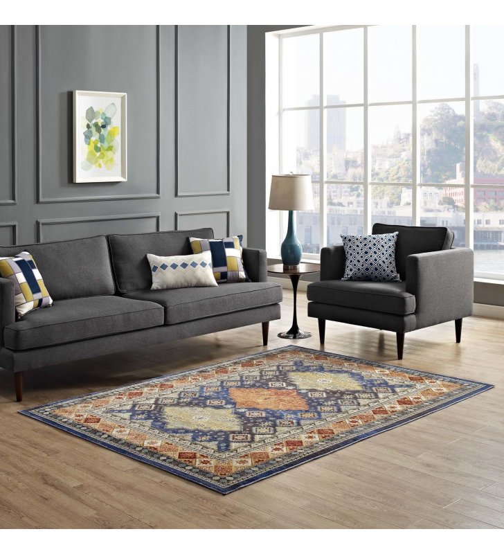 Atzi  Distressed Southwestern Diamond Floral 8x10 Area Rug in Multicolored - Lexmod
