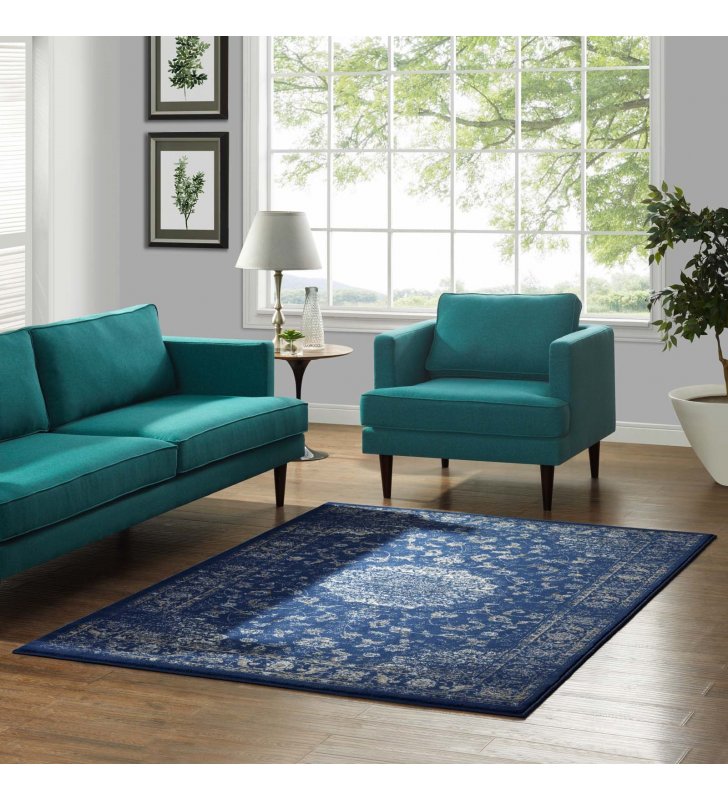 Lilja Distressed Vintage Persian Medallion 8x10 Area Rug in Moroccan Blue, Beige and Ivory - Lexmod