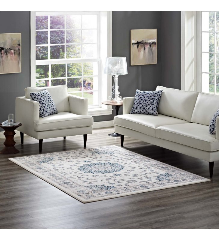 Lilja Distressed Vintage Persian Medallion 8x10 Area Rug in Ivory and Moroccan Blue - Lexmod