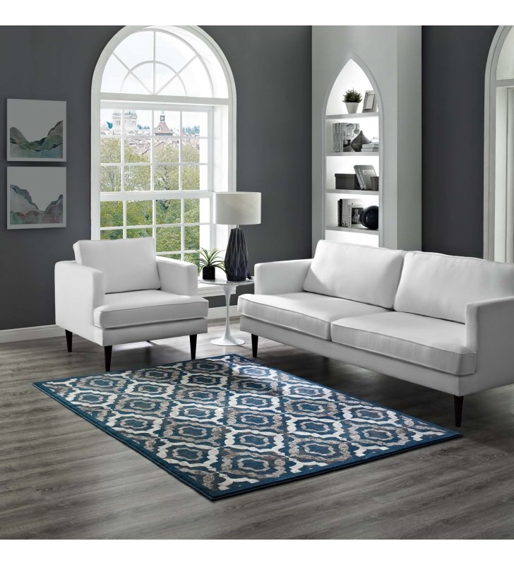 Kalinda Rustic Vintage Moroccan Trellis 5x8 Area Rug in Ivory, Moroccan Blue and Brown - Lexmod