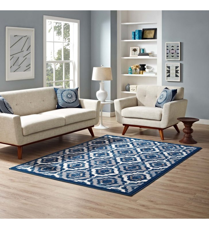 Kalinda Rustic Vintage Moroccan Trellis 5x8 Area Rug in Beige, Moroccan Blue and Ivory - Lexmod