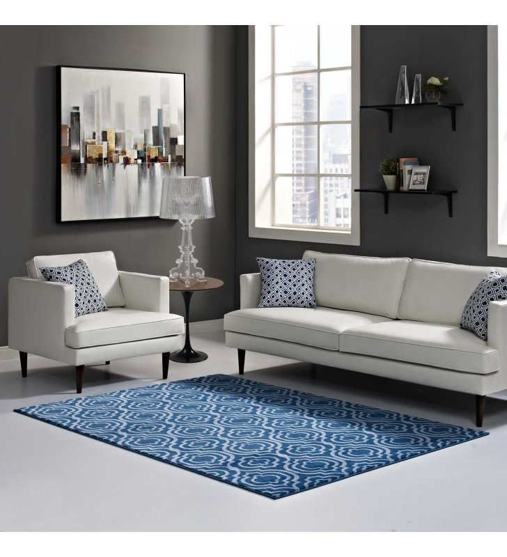 Frame Transitional Moroccan Trellis 5x8 Area Rug in Moroccan Blue and Light Blue - Lexmod