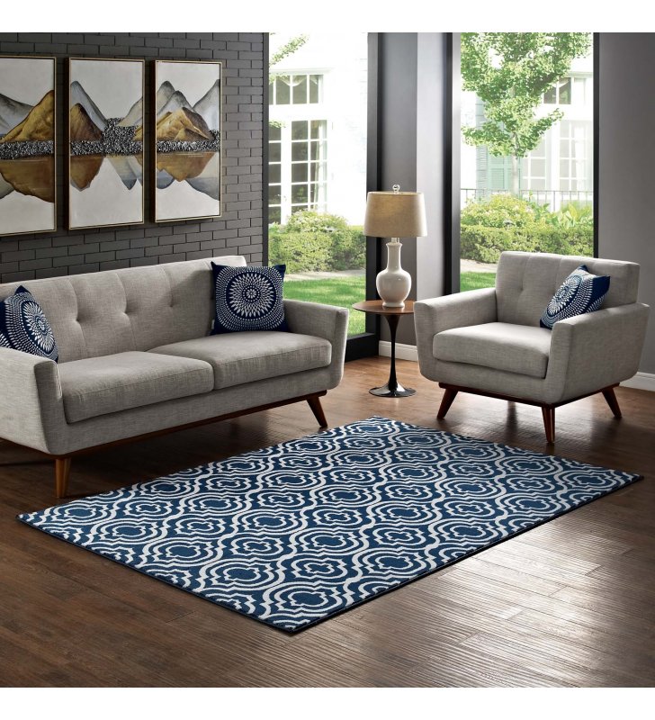 Frame Transitional Moroccan Trellis 8x10 Area Rug in Moroccan Blue and Ivory - Lexmod