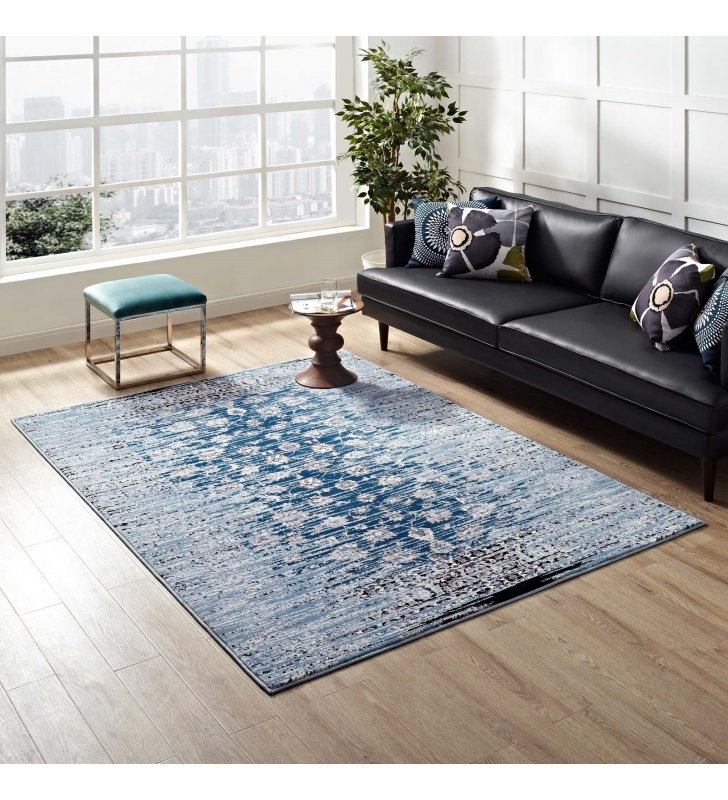 Chiara Distressed Floral Lattice Contemporary 5x8 Area Rug in Moroccan Blue - Lexmod