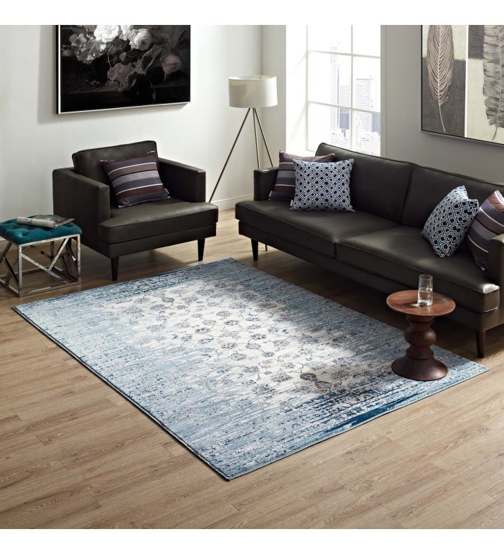 Chiara Distressed Floral Lattice Contemporary 5x8 Area Rug in Moroccan Blue and Ivory - Lexmod