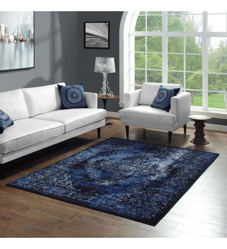 Gamela Rustic Vintage Ornate Floral Medallion 8x10 Area Rug in Moroccan Blue and Light Blue - Lexmod