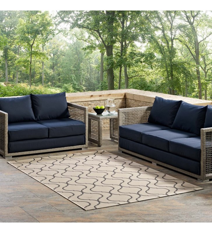 Linza Wave Abstract Trellis 5x8 Indoor and Outdoor Area Rug in Beige and Gray - Lexmod