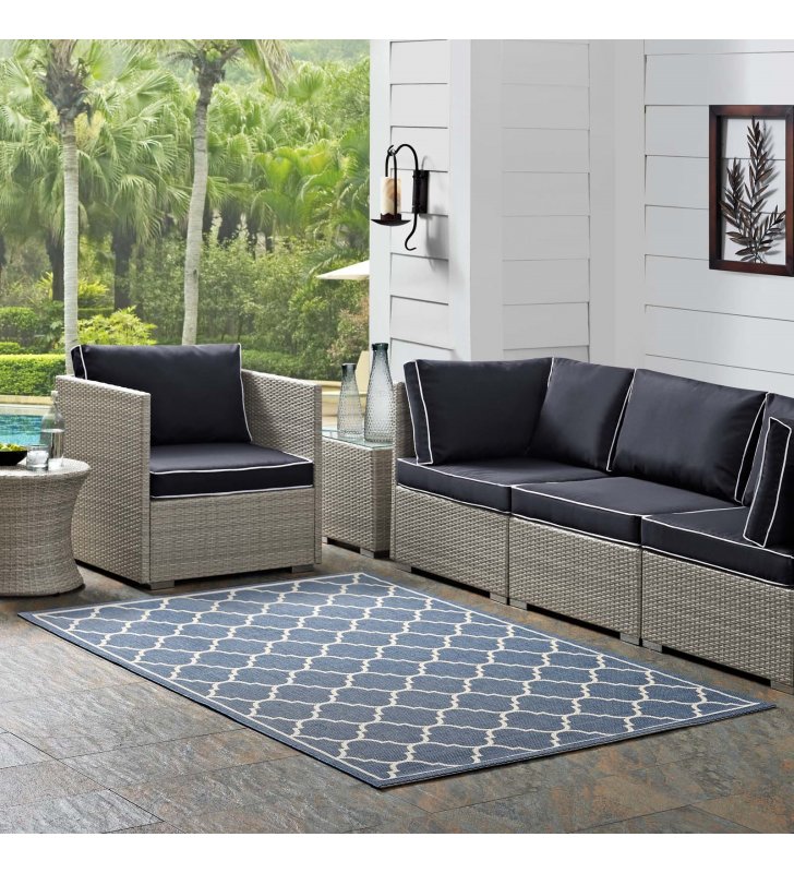 Avena Moroccan Quatrefoil Trellis 5x8 Indoor and Outdoor Area Rug in Blue and Beige - Lexmod