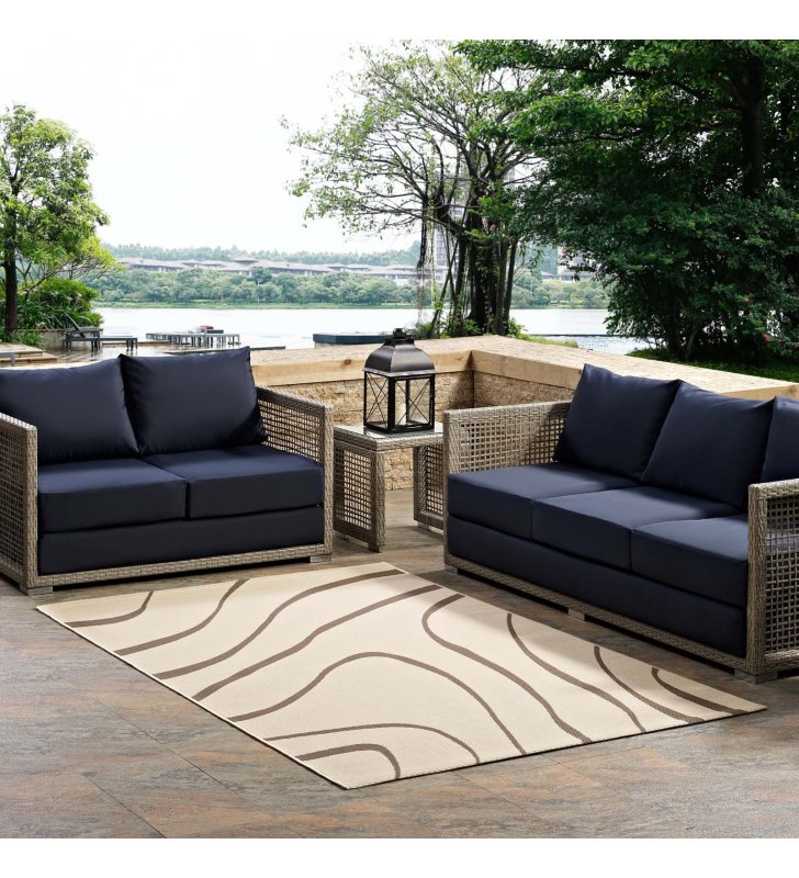 Surge Swirl Abstract 5x8 Indoor and Outdoor Area Rug in Light and Dark Beige - Lexmod