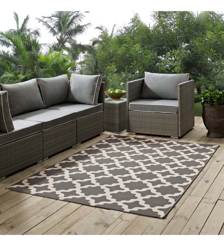 Cerelia Moroccan Trellis 5x8 Indoor and Outdoor Area Rug in Gray and Beige - Lexmod