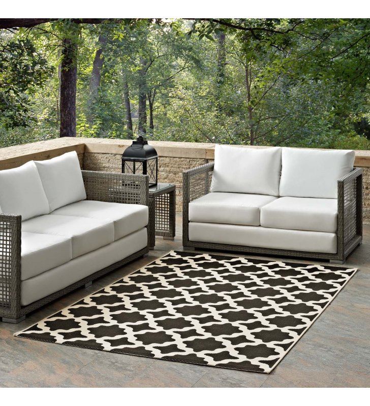 Cerelia Moroccan Trellis 5x8 Indoor and Outdoor Area Rug in Black and Beige - Lexmod