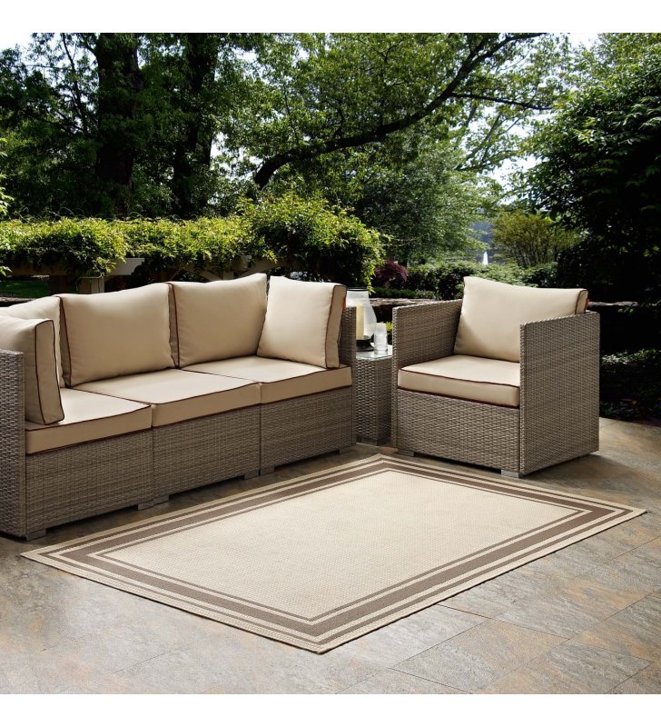 Rim Solid Border 5x8 Indoor and Outdoor Area Rug in Light and Dark Beige - Lexmod