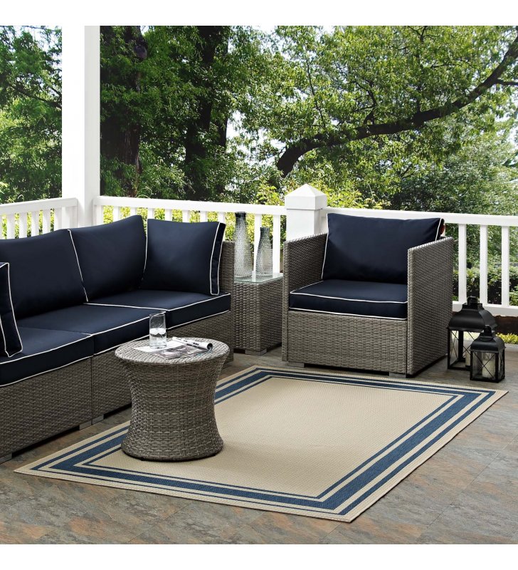Rim Solid Border 5x8 Indoor and Outdoor Area Rug in Blue and Beige - Lexmod