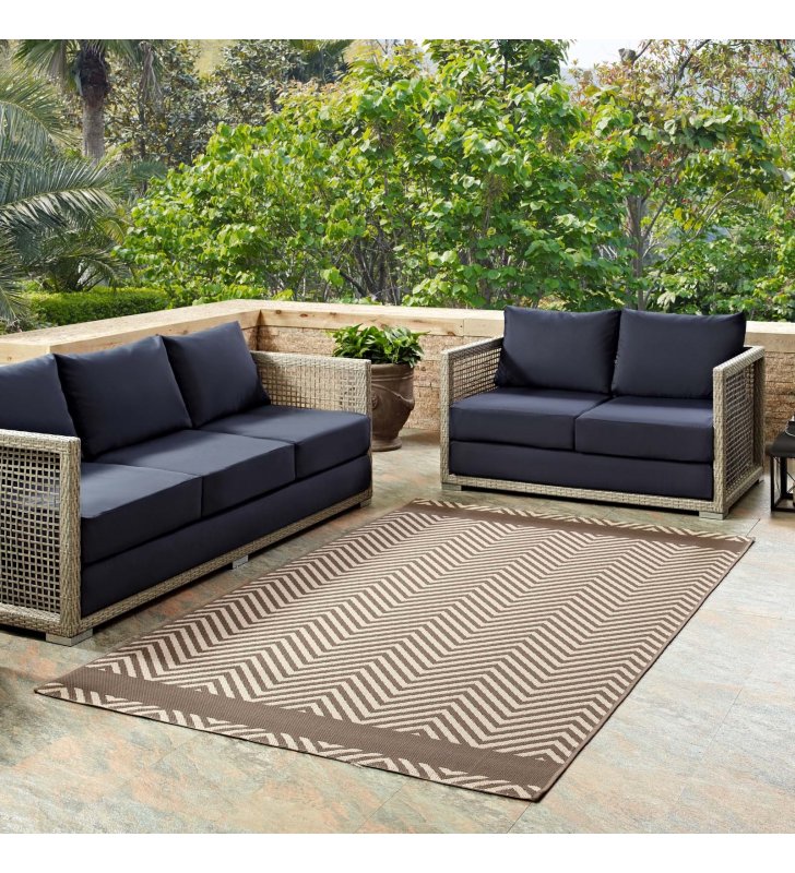 Optica Chevron With End Borders 8x10 Indoor and Outdoor Area Rug in Light and Dark Beige - Lexmod