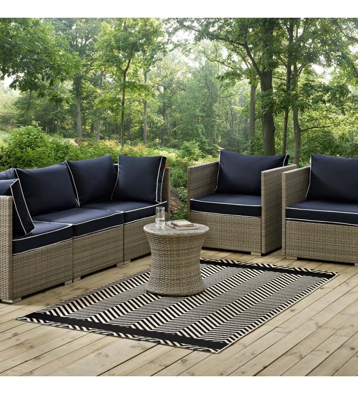 Optica Chevron With End Borders 5x8 Indoor and Outdoor Area Rug in Black and Beige - Lexmod