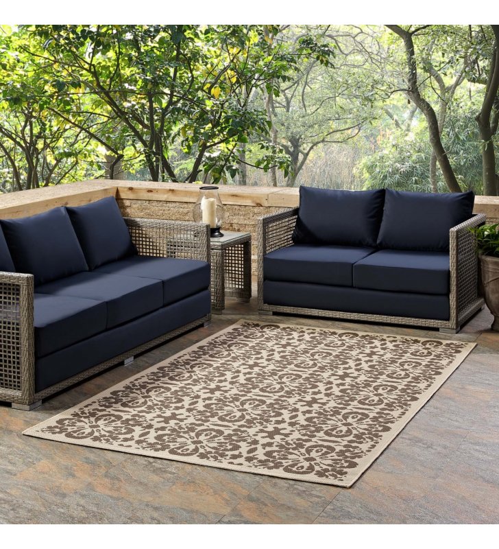Ariana Vintage Floral Trellis 5x8 Indoor and Outdoor Area Rug in Light and Dark Beige - Lexmod
