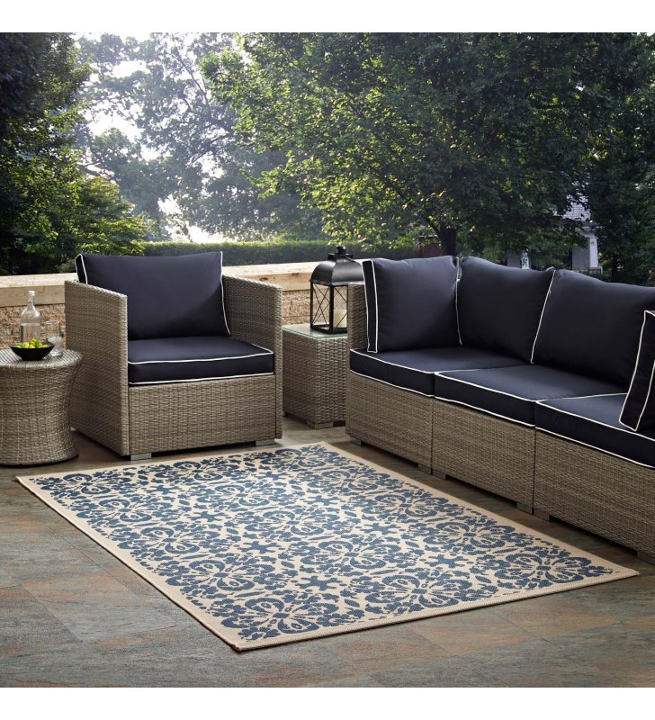 Ariana Vintage Floral Trellis 5x8 Indoor and Outdoor Area Rug in Blue and Beige - Lexmod