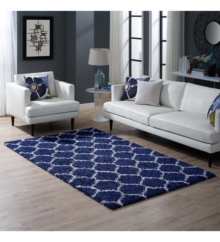 Solvea Moroccan Trellis 5x8 Shag Area Rug in Navy and Ivory - Lexmod