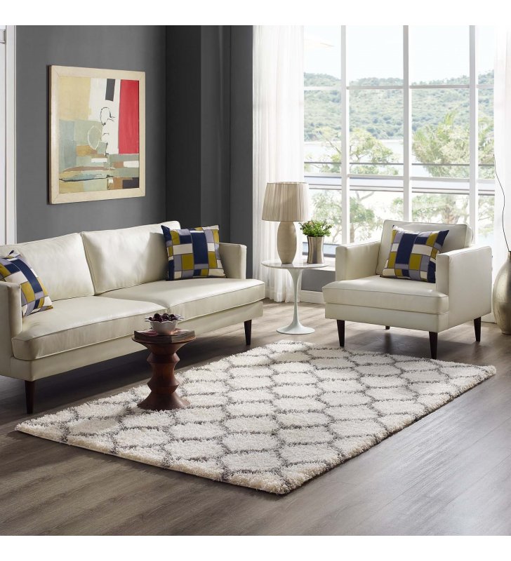 Solvea Moroccan Trellis 5x8 Shag Area Rug in Ivory and Gray - Lexmod