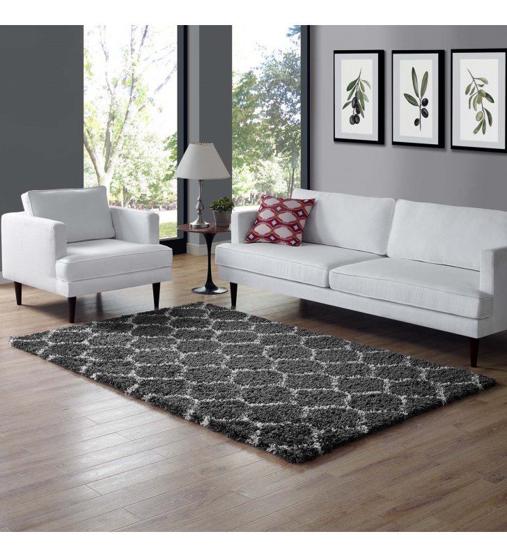 Solvea Moroccan Trellis 5x8 Shag Area Rug in Dark Gray and Ivory - Lexmod