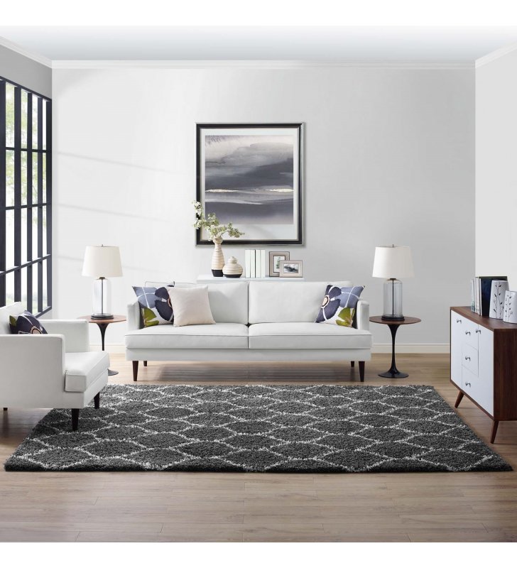 Solvea Moroccan Trellis 8x10 Shag Area Rug in Dark Gray and Ivory - Lexmod