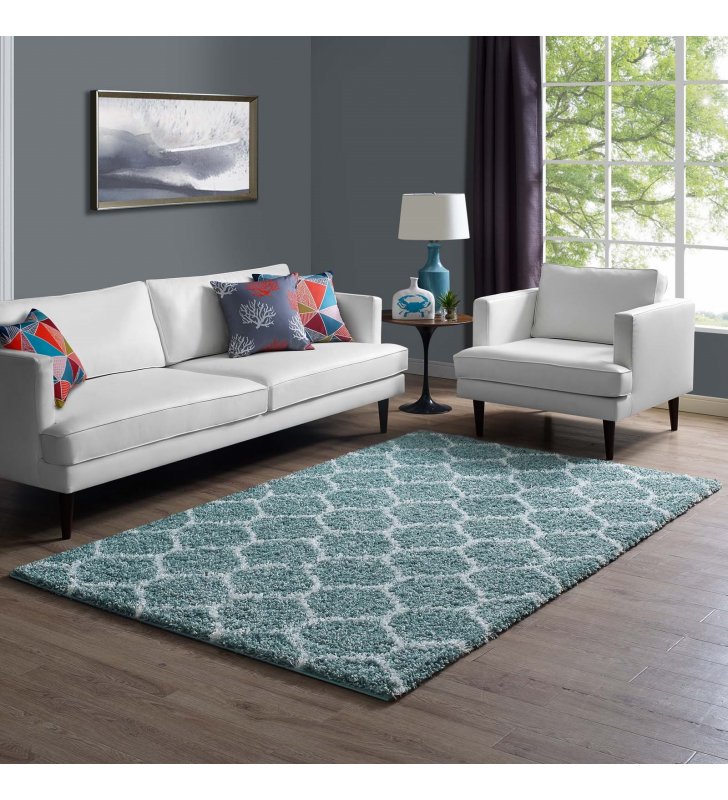 Solvea Moroccan Trellis 5x8 Shag Area Rug in Aqua Blue and Ivory - Lexmod