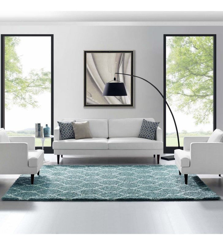 Solvea Moroccan Trellis 8x10 Shag Area Rug in Aqua Blue and Ivory - Lexmod