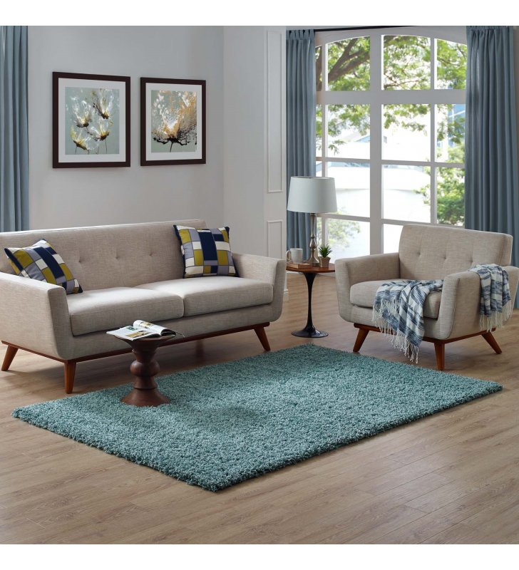 Enyssa Solid 5x8 Shag Area Rug in Aqua Blue and Ivory - Lexmod