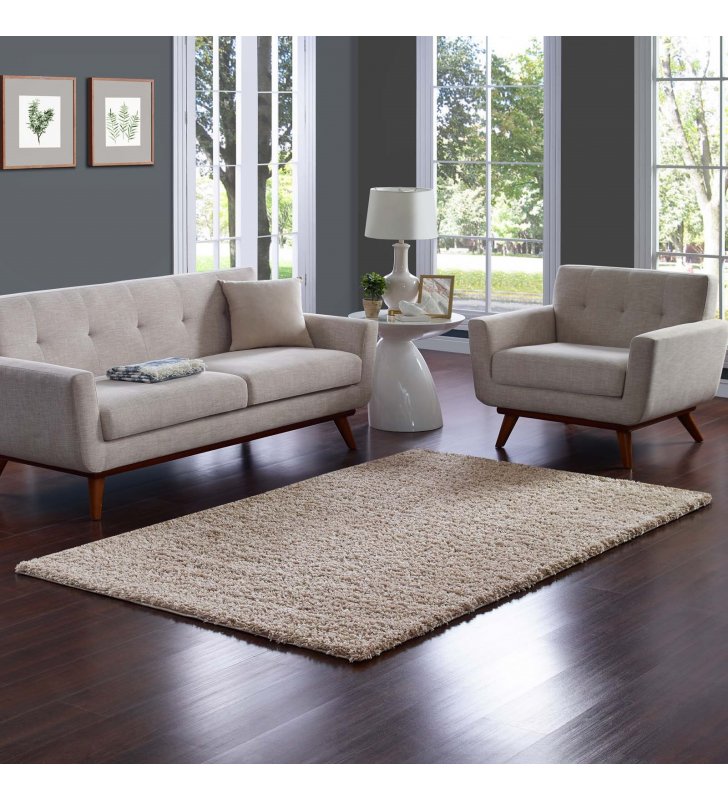 Enyssa Solid 5x8 Shag Area Rug in Beige and Ivory - Lexmod