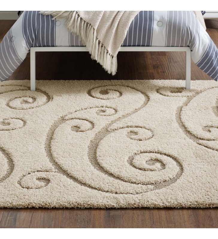 Jubilant Sprout Scrolling Vine 5x8 Shag Area Rug in Creame and Beige - Lexmod