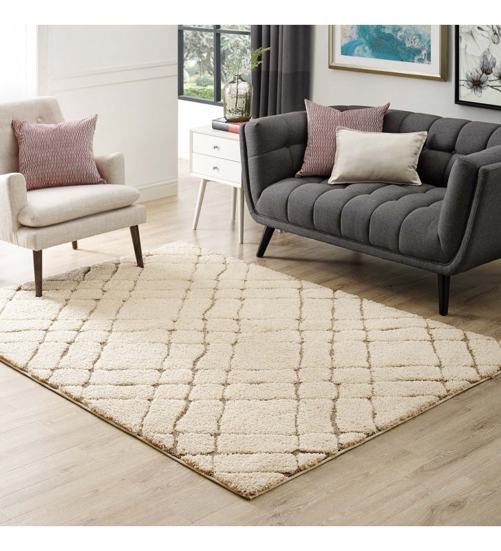 Jubilant Verona Abstract Geometric 5x8 Shag Area Rug in Creame and Beige - Lexmod