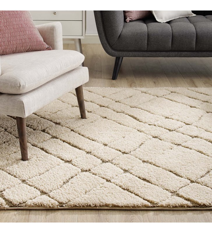 Jubilant Verona Abstract Geometric 8x10 Shag Area Rug in Creame and Beige - Lexmod