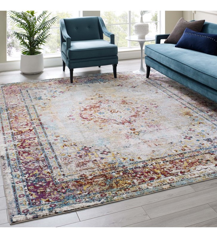 Success Merritt Transitional Distressed Floral Persian Medallion 8x10 Area Rug in Multicolored - Lexmod
