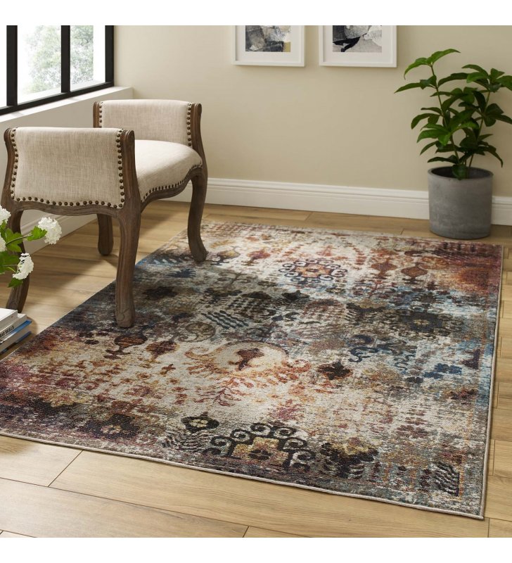 Success Tahira Transitional Distressed Vintage Floral Moroccan Trellis 4x6 Area Rug in Multicolored - Lexmod