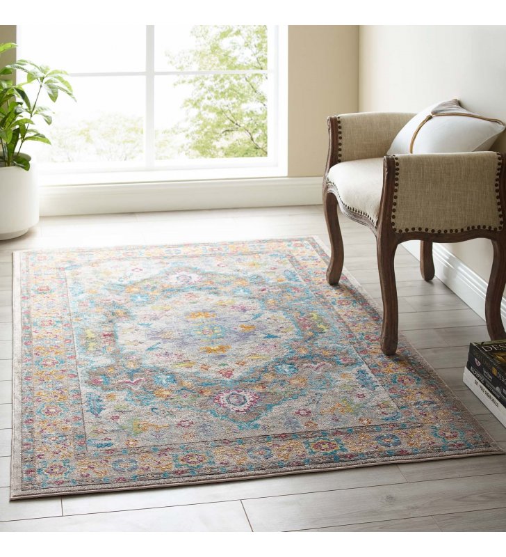 Success Anisah Distressed Floral Persian Medallion 4x6 Area Rug in Gray, Ivory, Yellow, Orange - Lexmod
