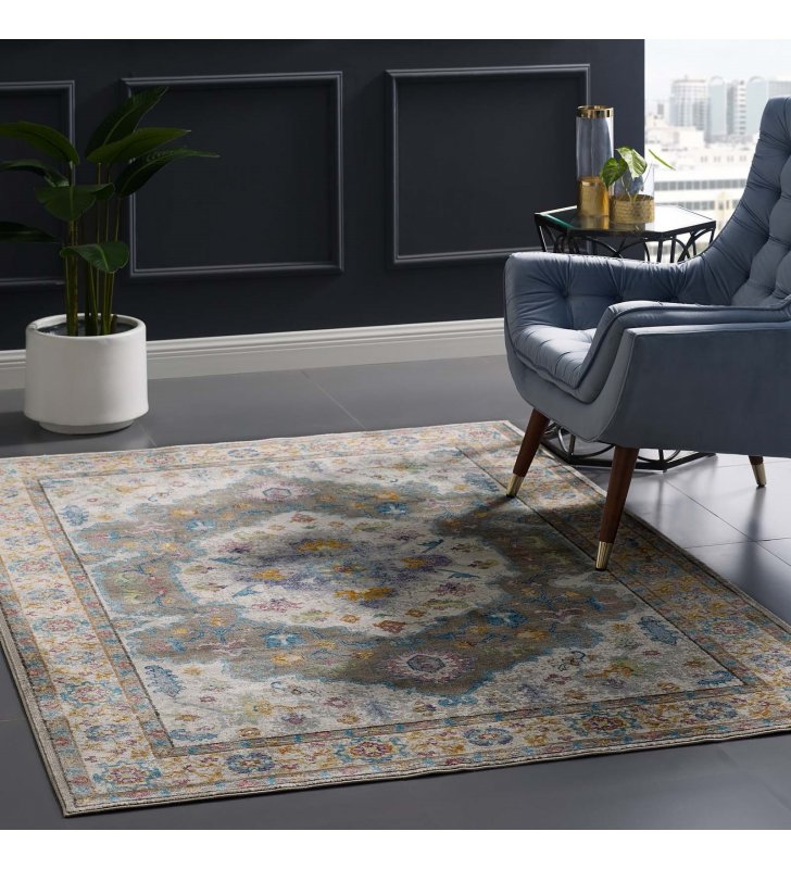Success Anisah Distressed Floral Persian Medallion 5x8 Area Rug in Gray, Ivory, Yellow, Orange - Lexmod