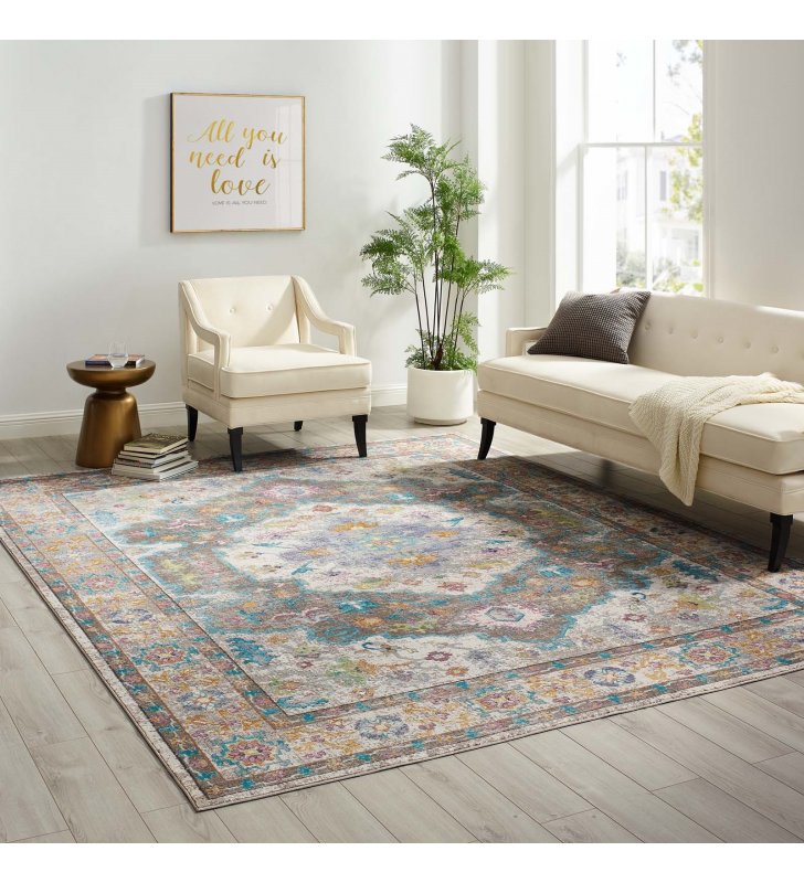 Success Anisah Distressed Floral Persian Medallion 8x10 Area Rug in Gray, Ivory, Yellow, Orange - Lexmod