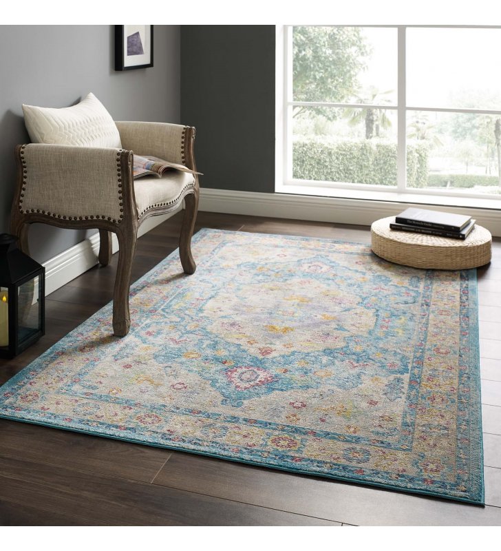 Success Anisah Distressed Floral Persian Medallion 4x6 Area Rug in Light Blue, Ivory, Yellow, Orange - Lexmod