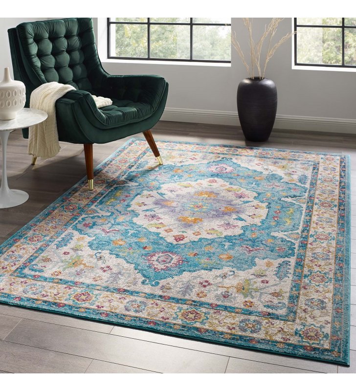 Success Anisah Distressed Floral Persian Medallion 5x8 Area Rug in Light Blue, Ivory, Yellow, Orange - Lexmod