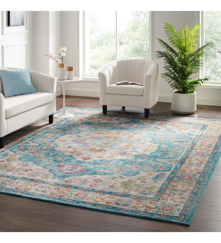 Success Anisah Distressed Floral Persian Medallion 8x10 Area Rug in Light Blue, Ivory, Yellow Orange - Lexmod