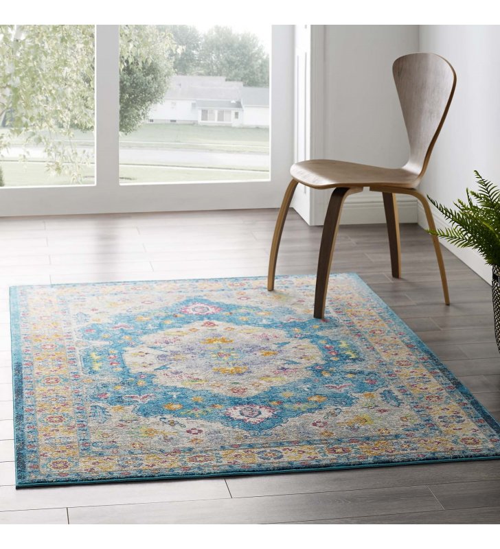 Success Anisah Distressed Floral Persian Medallion 4x6 Area Rug in Blue, Ivory, Yellow, Orange - Lexmod