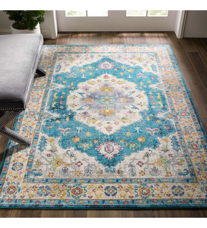 Success Anisah Distressed Floral Persian Medallion 5x8 Area Rug in Blue, Ivory, Yellow, Orange - Lexmod