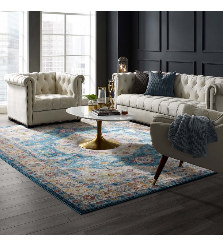 Success Anisah Distressed Floral Persian Medallion 8x10 Area Rug in Blue, Ivory, Yellow, Orange - Lexmod