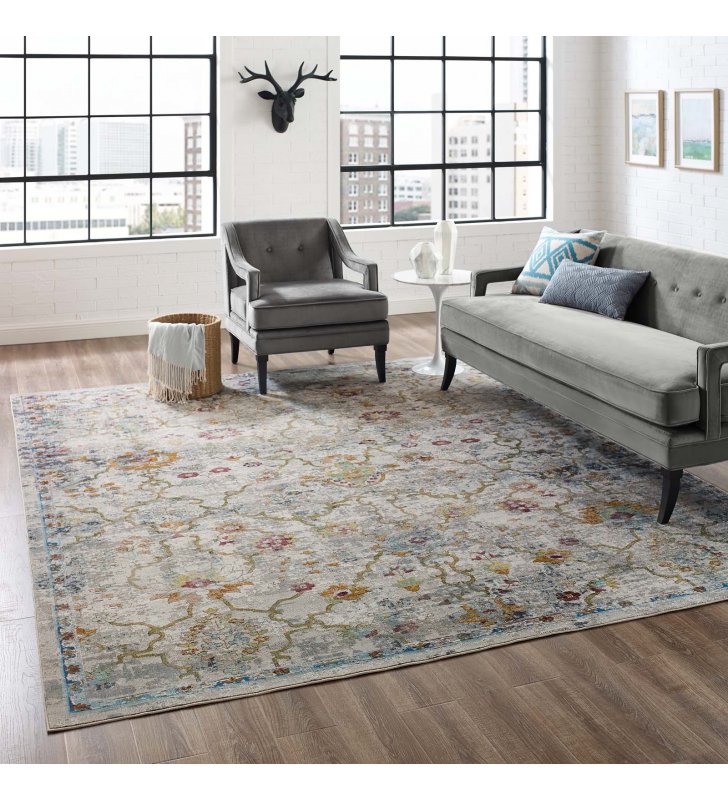 Success Manuka Distressed Vintage Floral Lattice 8x10 Area Rug in Multicolored - Lexmod