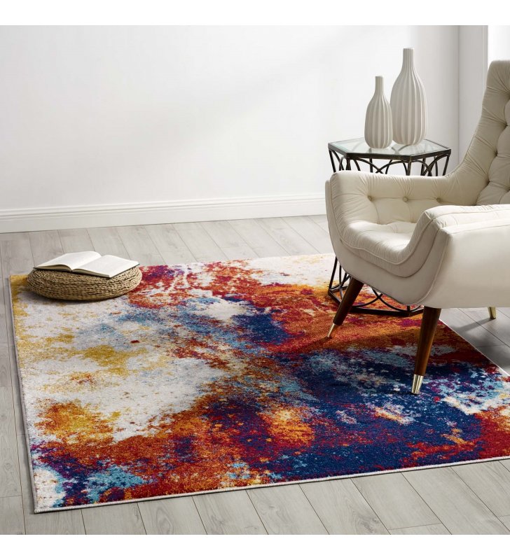 Entourage Adeline Contemporary Modern Abstract 5x8 Area Rug in Red, Orange, Yellow, Blue, Ivory - Lexmod