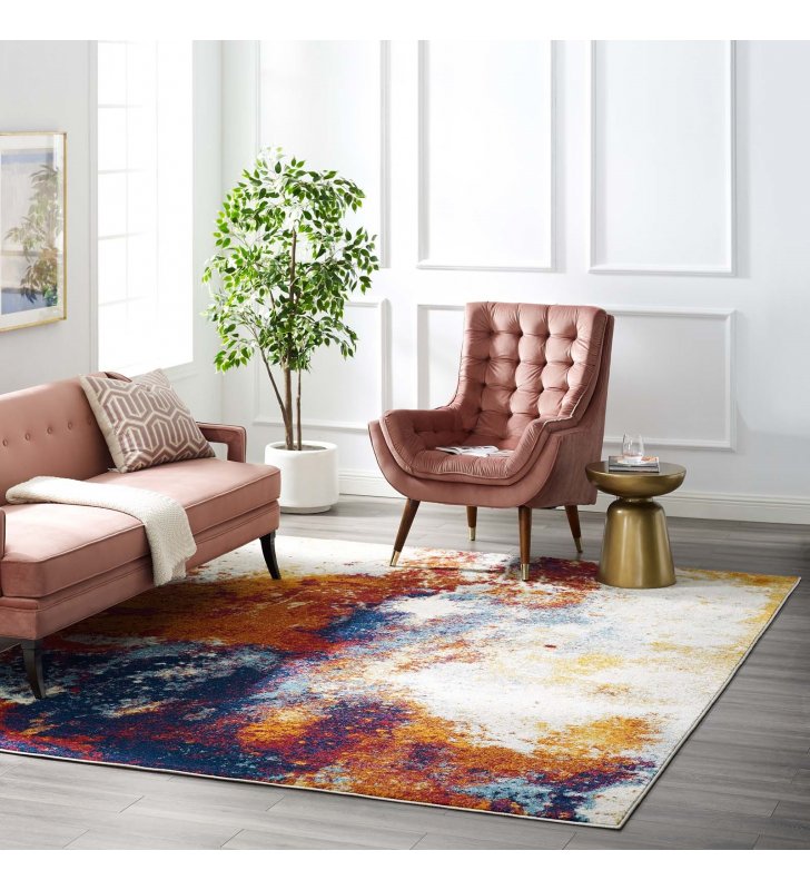 Entourage Adeline Contemporary Modern Abstract 8x10 Area Rug in Red, Orange, Yellow, Blue, Ivory - Lexmod