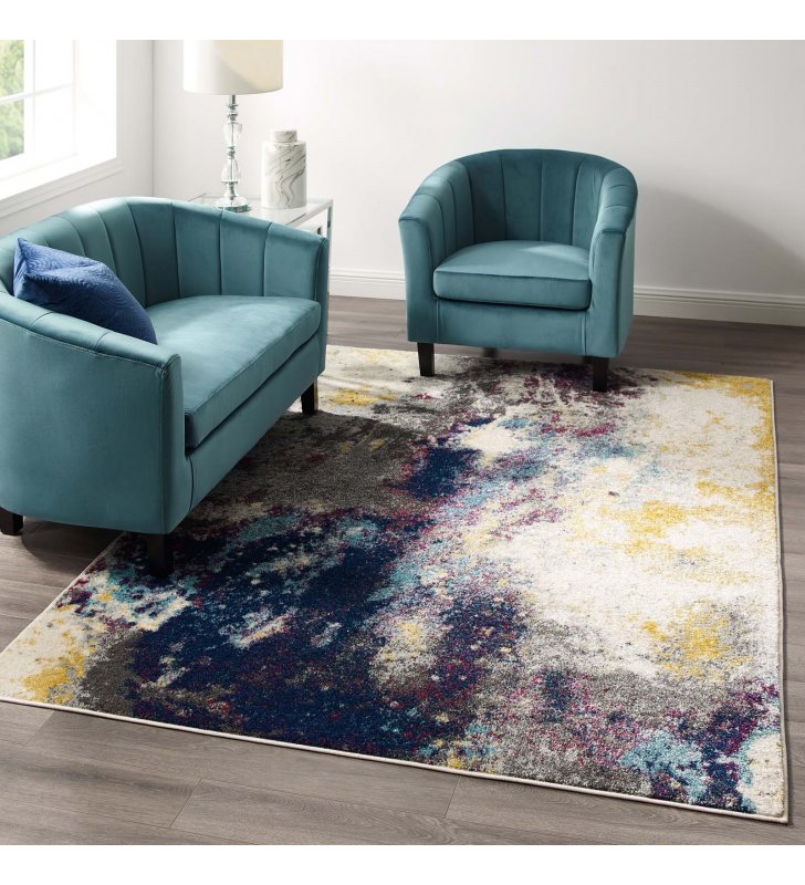Entourage Adeline Contemporary Modern Abstract 5x8 Area Rug in Blue, Gray, Yellow, Ivory, Pink - Lexmod