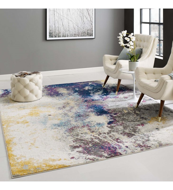 Entourage Adeline Contemporary Modern Abstract 8x10 Area Rug in Blue, Gray, Yellow, Ivory, Pink - Lexmod